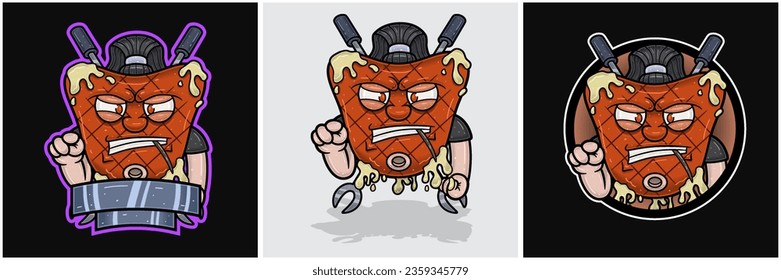 Set Of Beef Steak Mascot Cartoon With Two Forks And Angry Face. For Food, Meat, Barbeque and Beef Logo. Vectors Illustrations.