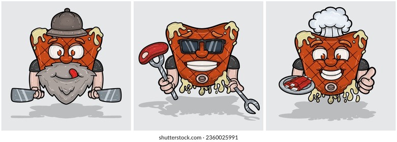 Set Of Beef Steak Mascot Cartoon. Delicious, Cool and Happy Face. For Food, Meat, Barbeque and Beef Logo. Vectors Illustrations.