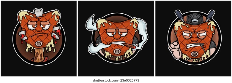 Set Of Beef Steak Mascot Cartoon. Sad, Smug and Angry Face. Circle Logo. For Food, Meat, Barbeque and Beef Logo. Vectors Illustrations.