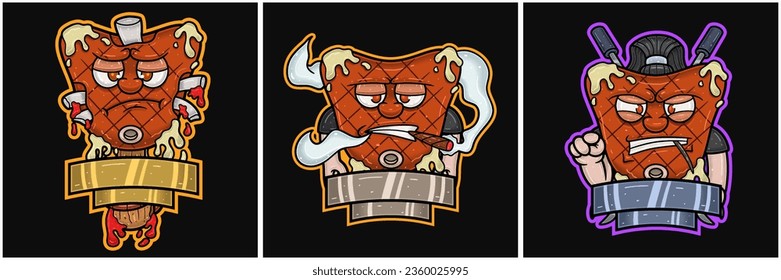 Juego De Caricaturas De La Mascota De La Carne De Carne De Carne. Triste, Mugre Y Cara Enfadada. Signo en blanco. Para la comida, la carne, la barbacoa y el logotipo de la carne. Ilustraciones de vectores.