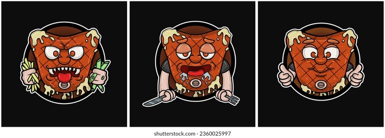 Set Of Beef Steak Mascot Cartoon. Evil, High and Smile Face. Circle Logo. For Food, Meat, Barbeque and Beef Logo. Vectors Illustrations.