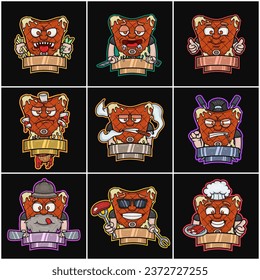 Juego De Caricaturas De Caricatura De Carne De Carne De Carne De Carne De Carne. Logotipo de signo en blanco. Vectores e ilustraciones.