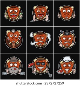 Juego De Caricaturas De Caricatura De Carne De Carne De Carne De Carne De Carne. Logo Círculo. Vectores e ilustraciones.
