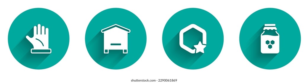 Set Beekeeper glove, Hive for bees, Honeycomb and Jar of honey icon with long shadow. Vector