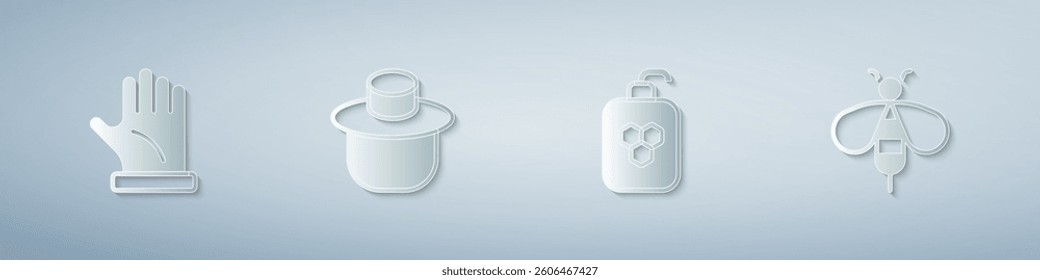Set Beekeeper glove, with protect hat, Cosmetic tube honey and . Paper art style. Vector
