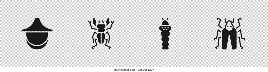 Set Beekeeper hat, Beetle deer, Larva insect and bug icon. Vector