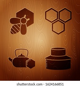 Set Beekeeper with protect hat, Bee and honeycomb, Tea kettle with honey and Honeycomb on wooden background. Vector