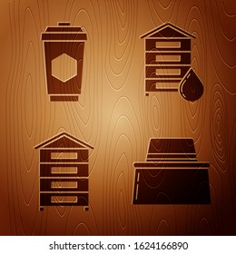 Set Beekeeper with protect hat, Cup of tea with honey, Hive for bees and Hive for bees on wooden background. Vector