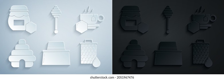 Abeja con sombrero protector, Taza de miel de té, Hive para abejas, Honeycomb, garrote de pimienta e ícono de Jar. Vector