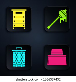 Set Beekeeper with protect hat, Hive for bees, Honeycomb and Honey dipper stick with dripping honey. Black square button. Vector