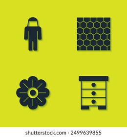 Conjunto apicultor con sombrero de protección, colmena para abejas, flor y icono de panal. Vector