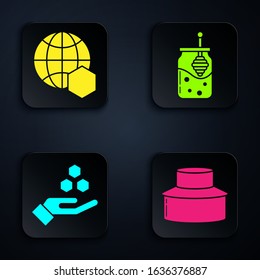 Set Beekeeper with protect hat, Honeycomb map of the world, Honeycomb and hand and Jar of honey and honey dipper stick. Black square button. Vector
