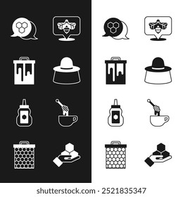 Set Beekeeper with protect hat, Honeycomb, Jar of honey, dipper stick, and hand and  icon. Vector