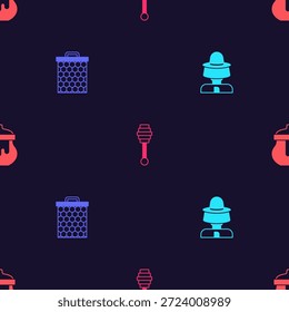 Conjunto apicultor con sombrero de protección, panal, palo de cucharón y tarro de miel en patrón transparente. Vector