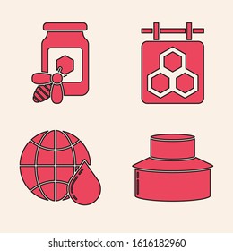 Set Beekeeper with protect hat, Jar of honey with bee, Hanging sign with honeycomb and Honeycomb map of the world icon. Vector