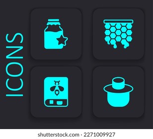 Set Beekeeper with protect hat, Jar of honey, Honeycomb and Book about bee icon. Black square button. Vector