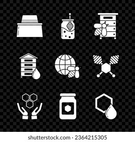 Set Beekeeper with protect hat, Jar of honey and honey dipper stick, Hive for bees, Honeycomb hands,  and map the world icon. Vector