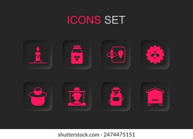 Set Beekeeper with protect hat, Jar of honey, Burning candle, flower, Hive for bees, location and  icon. Vector