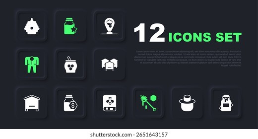 Set Beekeeper with protect hat, Jar of honey, and dipper stick, Honey, costume, Sale in jar,  and Book about bee icon. Vector