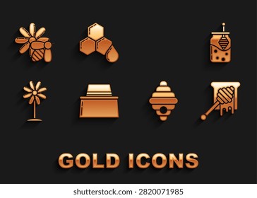 Set Beekeeper with protect hat, Jar of honey and honey dipper stick, Honey dripping, Hive for bees, Flower, flower and Honeycomb icon. Vector