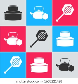 Set Beekeeper with protect hat, Tea kettle with honey and Honey dipper stick icon. Vector