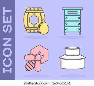 Set Beekeeper with protect hat, Wooden barrel with honey, Bee and honeycomb and Hive for bees icon. Vector