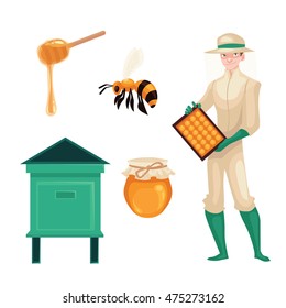 Set of beekeeper in protective gear holding honeycomb, bee, honey jar and dipper, cartoon style vector illustration isolated on white background. Apiarist in protective suit working at the apiary
