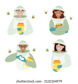 Set of Beekeepers male and female characters in a bee protection suit with a jar of honey. Flat vector illustration isolated on white background.