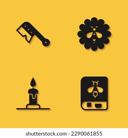 Set Beekeeping brush, Book about bee, Burning candle and on flower icon with long shadow. Vector