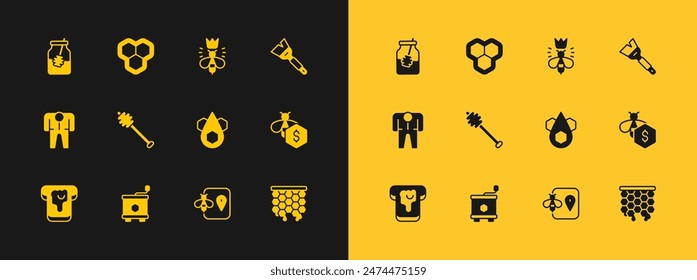 Set Beekeeping brush, Honey extractor, Honeycomb, location, dipper stick, Queen bee, Jar of honey and and  icon. Vector