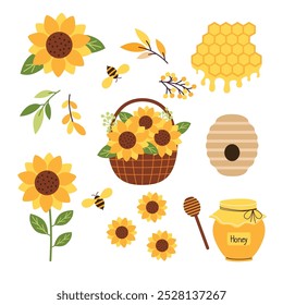 Satz von Imkereielementen und Sonnenblumen.
Korb mit Sonnenblumen, Bienen, Honigglas, Wabe, Taucherstab, Blättern und Blumen.