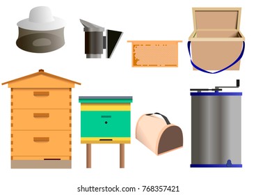 Set of beekeeping equipment, hives vector illustrations isolated on white background