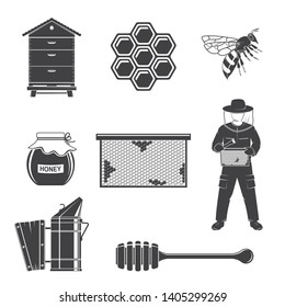 Set of beekeeping Equipment silhouette icons. Vector illustration. Set include beekeeper, bee, beehive, bee smoker, honeycombs, propolis, dipper. Equipment icons for honey bee farm business.