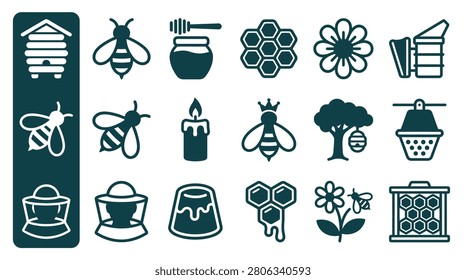 Set of beekeeping and honey production icons featuring bees, hives, honey pots, honeycomb, queen bee, beekeeper equipment, and floral elements in a flat graphic vector design.