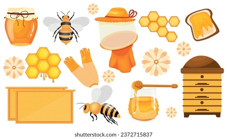 Set of beekeeping items on white background
