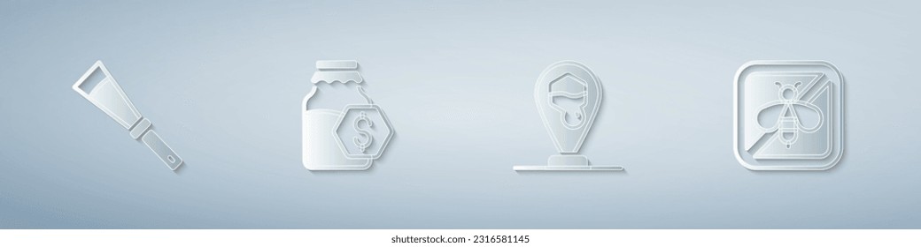 Set Beekeeping knife, Sale jar of honey, Honeycomb bee location and Stop. Paper art style. Vector