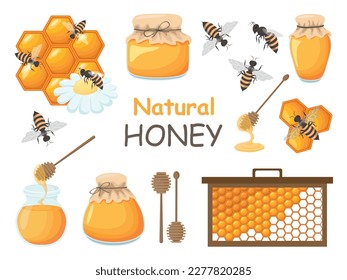 Set of beekeeping sweet elements, honeybee beehive honeycomb, organic bee  products. Vector flat set