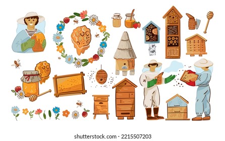 Conjunto de símbolos de apicultura aislados en blanco. Beehive, apicultor con traje protector, abejas, un frasco de miel, flores, un hotel para insectos dibujado a mano para el mercado ecológico, festivales. Ilustración del vector