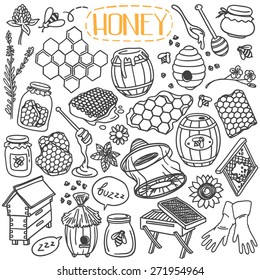 Set of beekeeping theme doodles, simple hand drawn sketch style vector illustrations isolated over white background