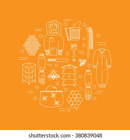 Set of beekeeping theme objects. Simple and clean outline style. Monochrome vector illustration.
