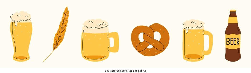 Set of beer, barley, pretzels, bottle and mugs. Hand drawn, doodle design. Perfect for Oktoberfest promotions, bar menus, or brewing themes. 