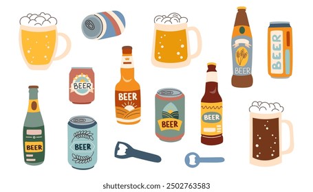 Set of beer bootles, cans and mugs isolated on white background. Oktoberfest concept. Beer festival concept. Beer brewing concept.