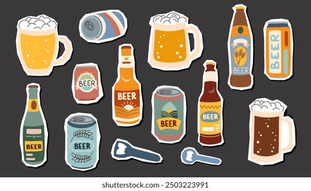 Set of beer bootles, cans and mugs isolated on black. Oktoberfest concept. Beer festival concept. Stickers set.