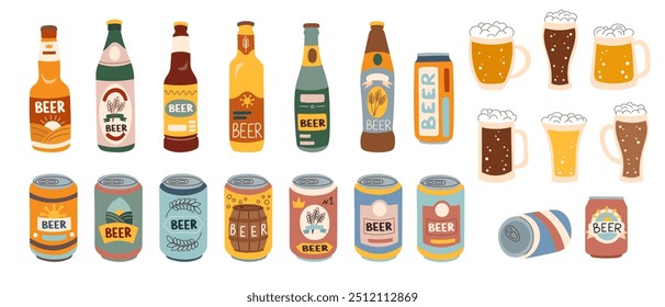 Set of beer bootles, cans and mugs isolated on white background. Oktoberfest concept. Beer festival concept. Beer brewing concept.