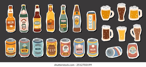 Set of beer bootles, cans and mugs stickers on black background. Oktoberfest concept. Beer festival concept. Beer brewing concept.