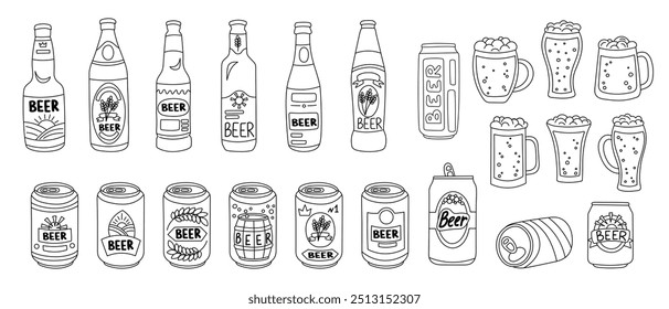 Set of beer bootles, cans and mugs in doodle style on white background. Oktoberfest concept. Beer festival concept. Beer brewing concept.	