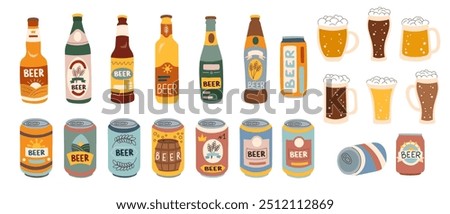 Set of beer bootles, cans and mugs isolated on white background. Oktoberfest concept. Beer festival concept. Beer brewing concept.