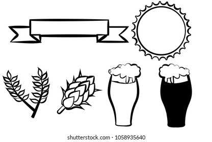 Set for a beer bottle, a bar of six black different ribbons of beer glasses icons of hops and malt frames on a white background. Vector illustration.
