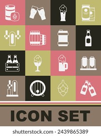 Set Beer bottle, brewing process, Glass of beer, Wooden barrel, tap, Metal keg and  icon. Vector