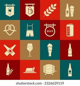 Set Beer bottle, can, Cereals set with rice, wheat, corn, oats, rye, barley, Lederhosen, Pretzel, Street signboard glass of beer and inscription icon. Vector
